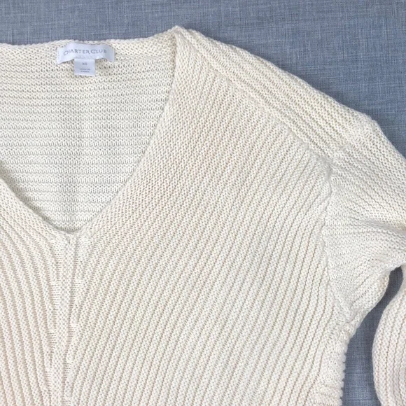 Charter Club Ivory V Neck Cuffed Sweater X-Small - Picture 3 of 6
